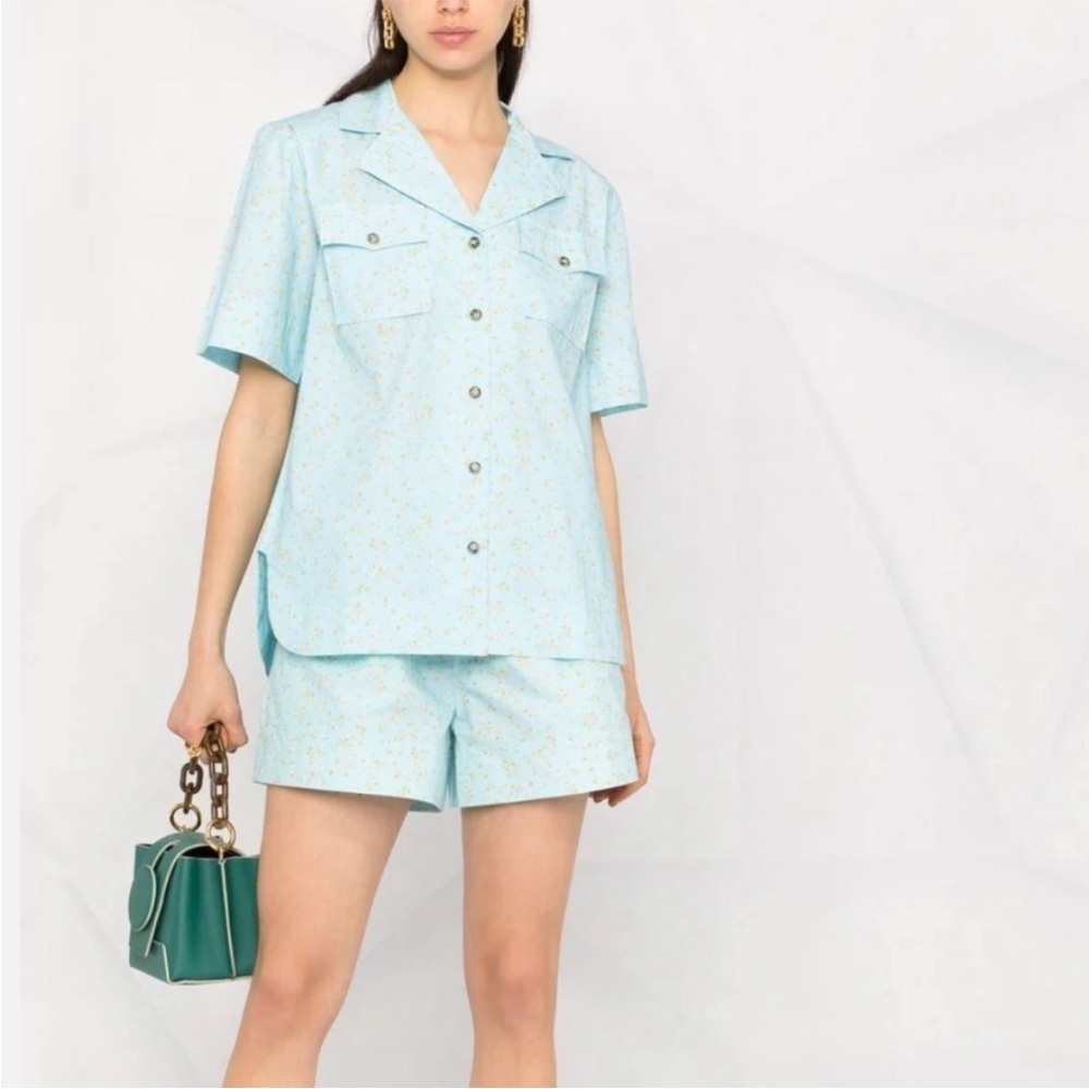 GANNI Floral-print organic cotton-poplin shirt sz 40 shorts sz 38 Blue Yellow